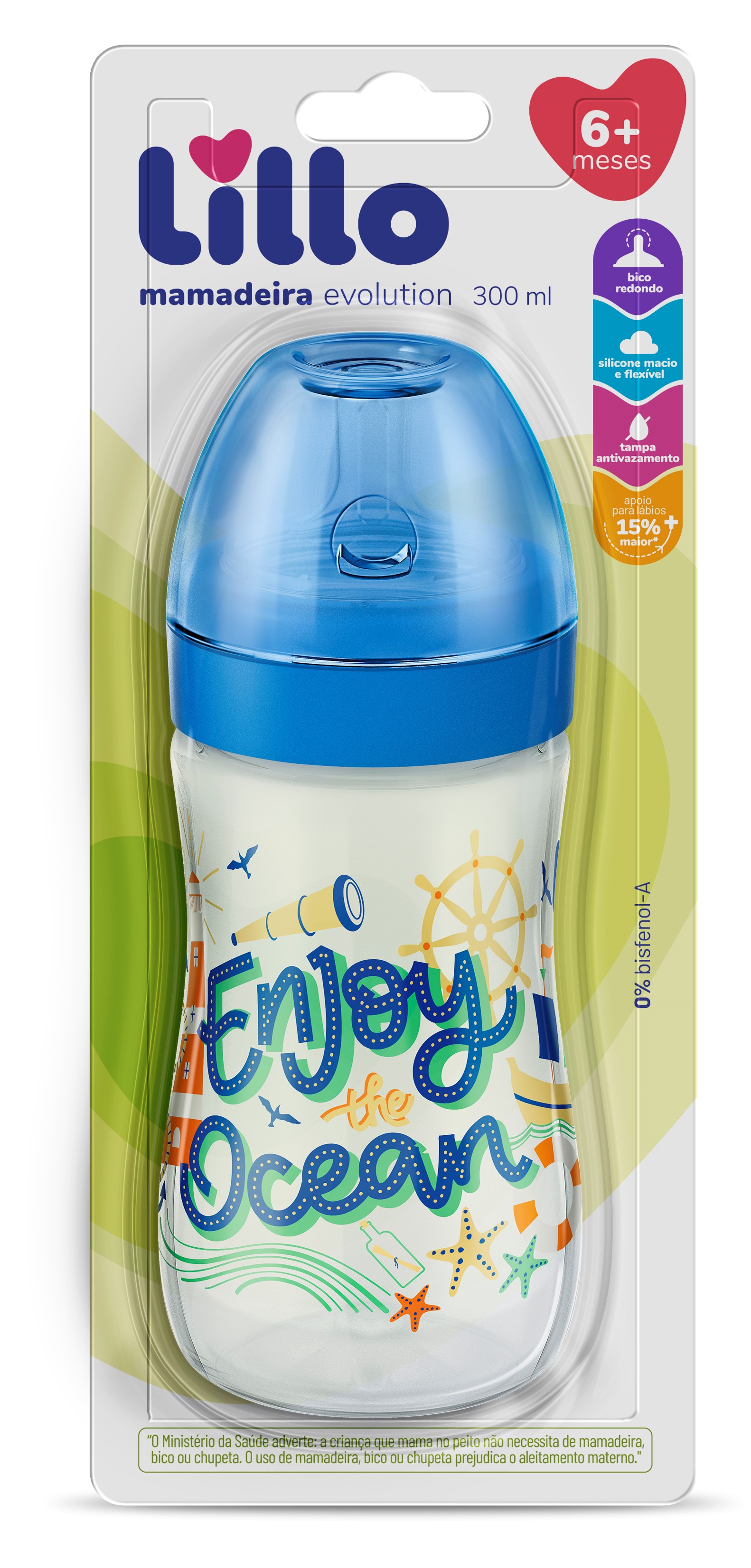 Mamadeira Lillo Super Evolution Bico Redondo Antivazamento Sem BPA +6 meses Azul 300ml 1 Unidade