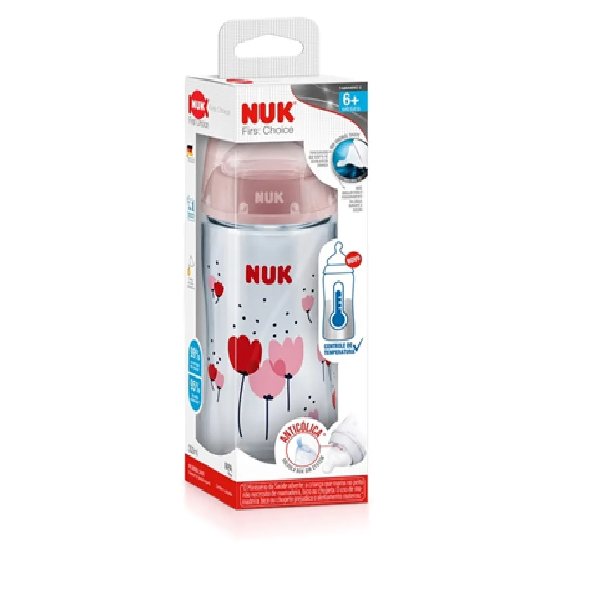 Mamadeira NUK First Choice +6 meses Anticólica Controle de Temperatura Rosa Tamanho 2 300ml 1 Unidade