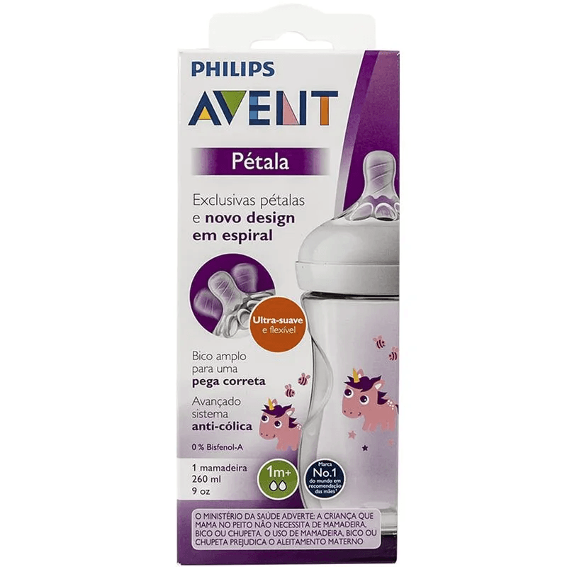 Mamadeira Philips Avent Pétala +1 mês Anticólica Fluxo Lento Unicórnio 260ml