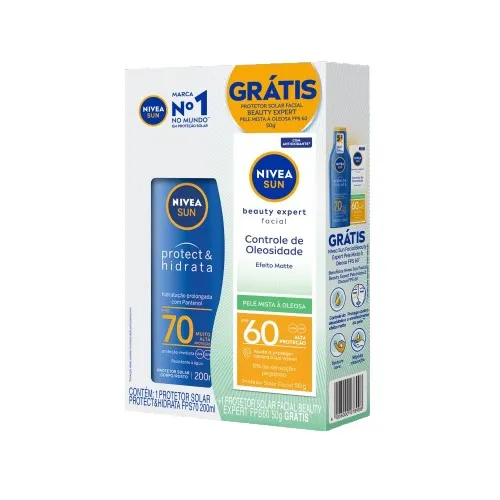 Nivea Sun Kit Protetor Solar Protect & Hidrata Fps70 200ml + Nivea Sun Facial Beauty Expert Pele Oleosa Fps50 60g