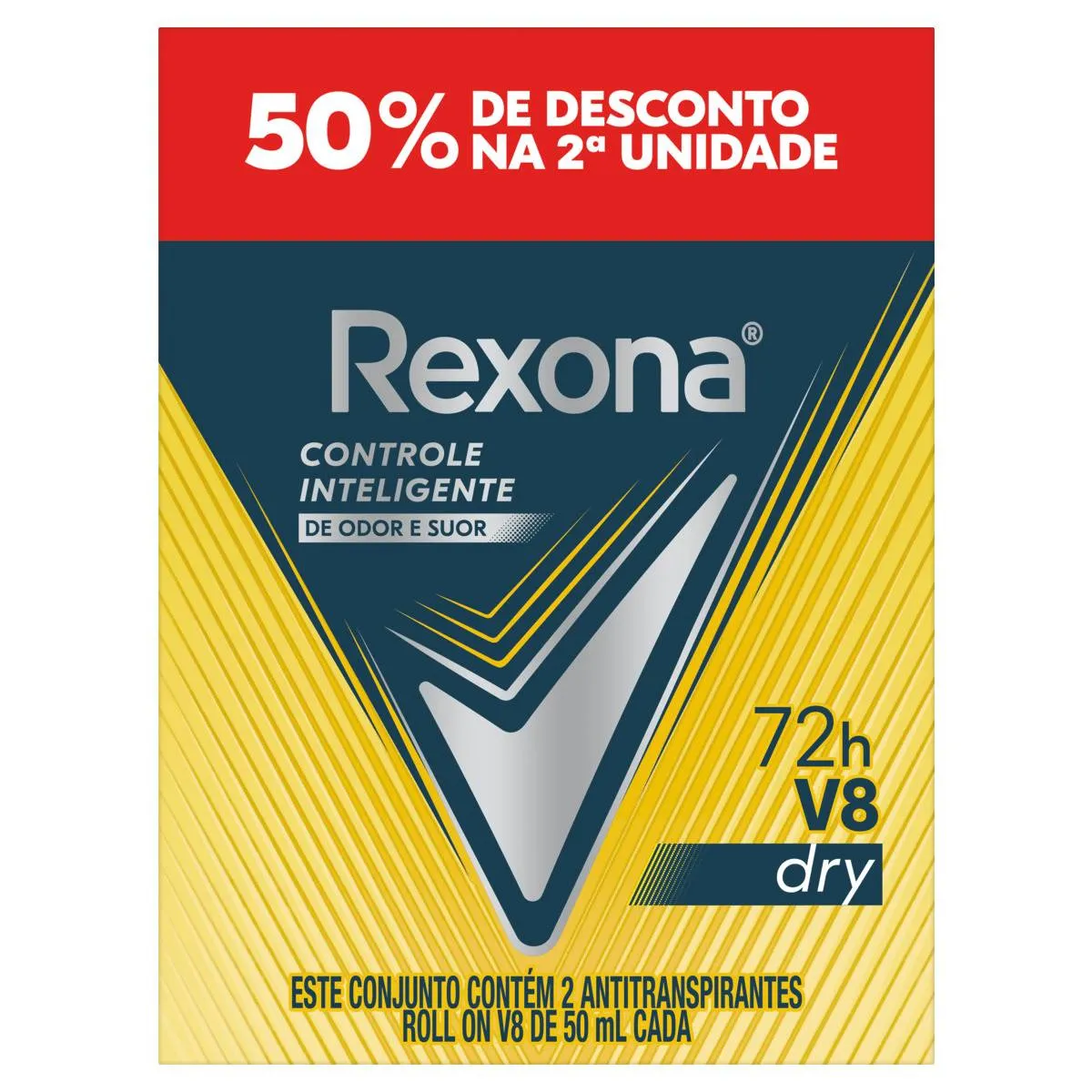 Pack Antitranspirante Roll-On 72h Rexona Men V8 Dry 2 Unidades De 50ml Cada Grátis 50% De Desconto Na 2ª Unidade