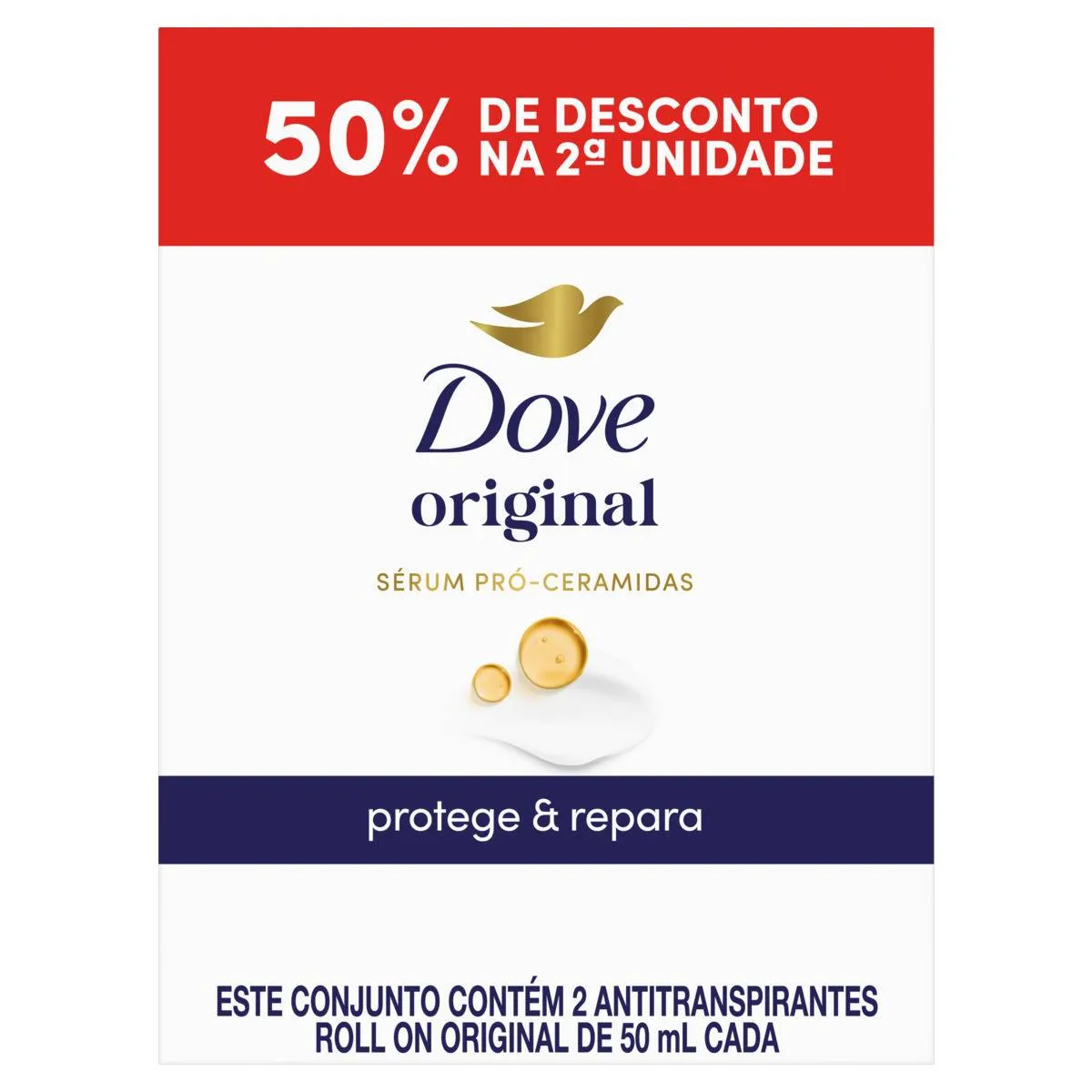 Pack Antitranspirante Roll-On Original Sérum Pró-Ceramidas 72h Dove 2 Unidades De 50ml Cada Grátis 50% De Desconto Na 2ª Unidade