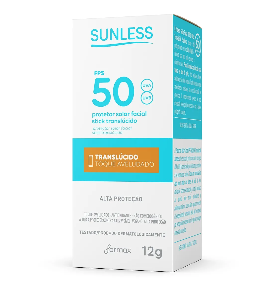Protetor Solar Facial Stick Toque Aveludado Translúcido Fps 50 Sunless Tubo 12g