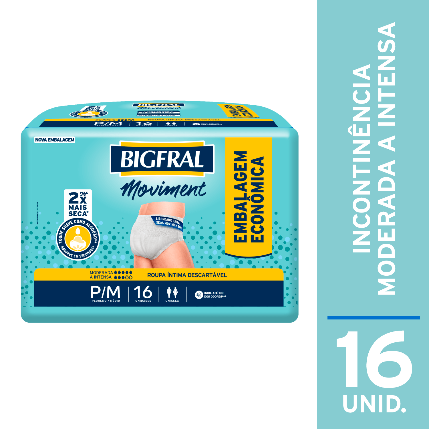 Roupa Íntima Descartável Bigfral Moviment Incontinência Urinária Moderada a Intensa P/M 16 Unidades