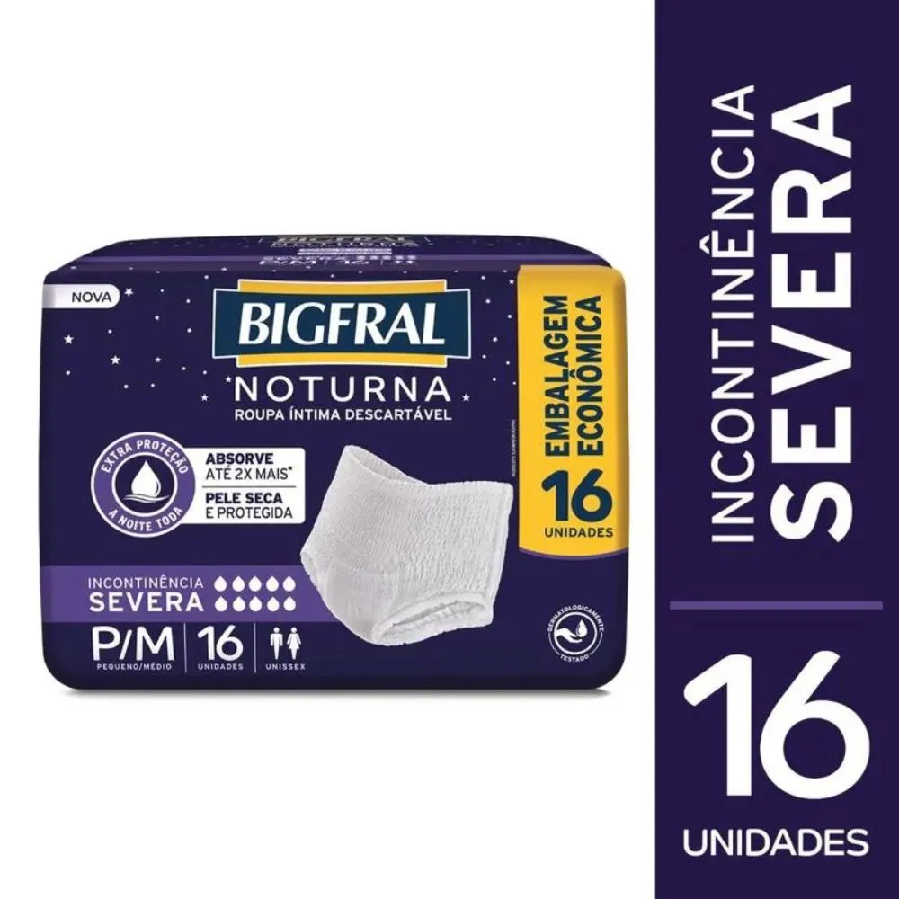 Roupa Íntima Descartável Bigfral Noturna Incontinência Severa Tamanho P/M 16 Unidades