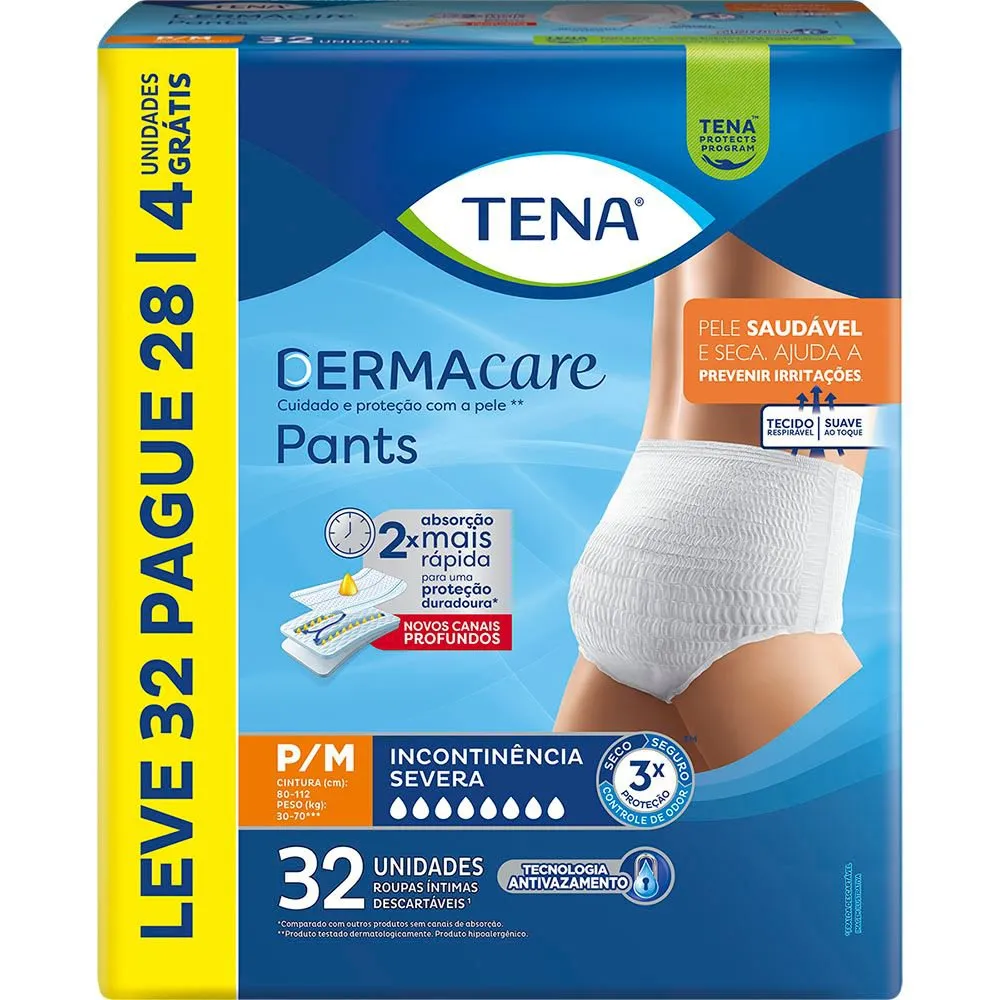 Roupa Íntima Descartável Pants Tena Dermacare P/M Leve 32 Pague 28 Unidades